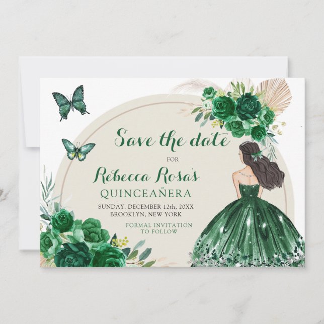 Boho Emerald Green Quinceañera Save The Date Invitation (Front)