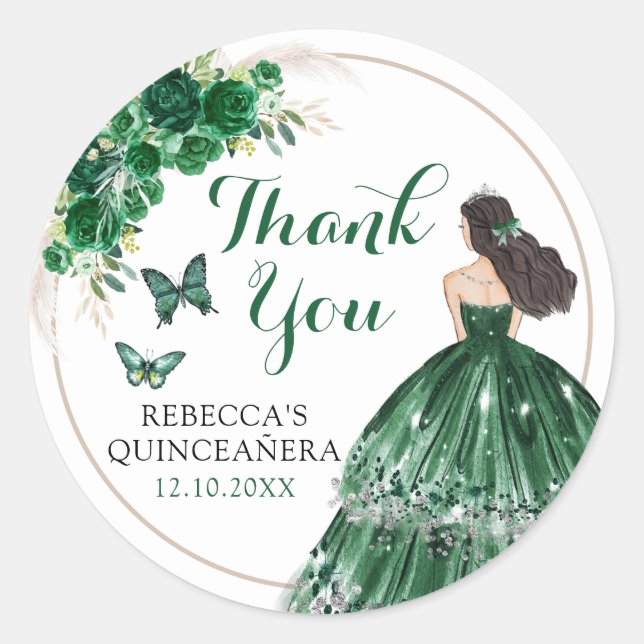 Boho Emerald Green Quinceañera Thank You Classic Round Sticker (Front)