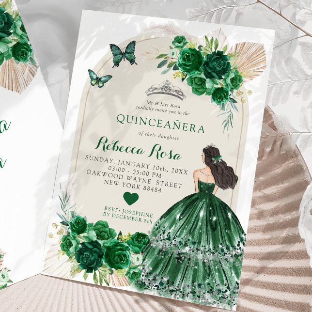 Boho Emerald Green Roses Princesa Quinceañera Invitation (Creator Uploaded)
