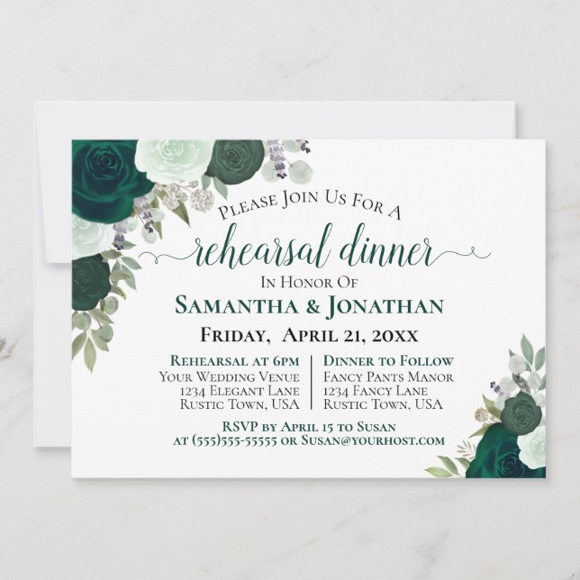 Boho Emerald Green Roses Wedding Rehearsal Dinner Invitation (Front)