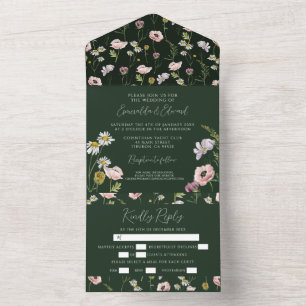Boho Emerald Green Wild Flower Botanical Wedding  All In One Invitation
