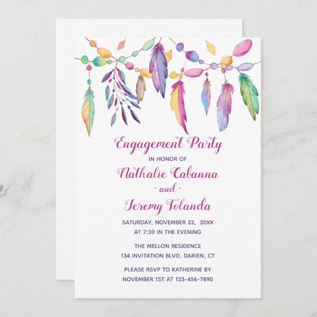 Boho Engagement Party Feathers Native American Invitation (Front/Back)