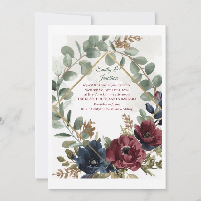 Boho Eucalyptus and Dark Red Flowers Wedding Invit Invitation (Front)