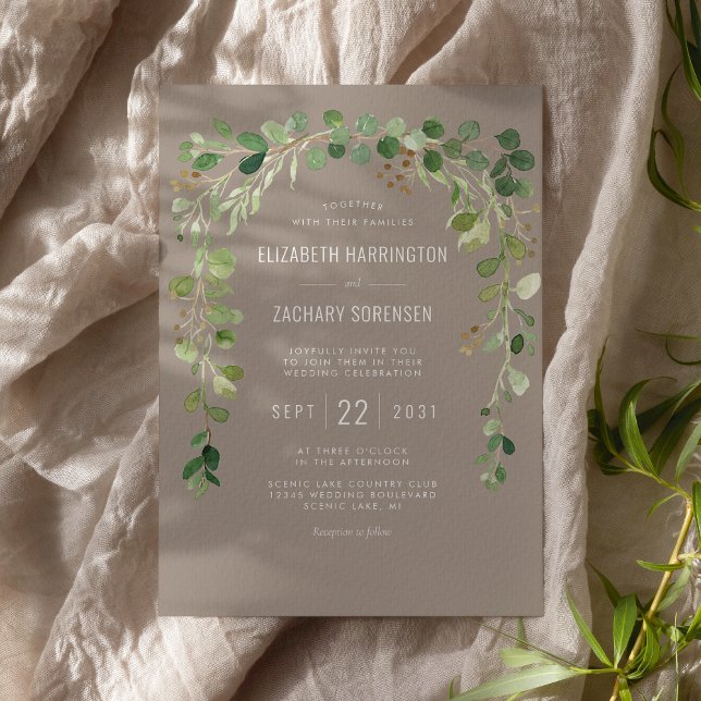 Boho Eucalyptus Arch Neutral Taupe Rustic Wedding Invitation (Creator Uploaded)