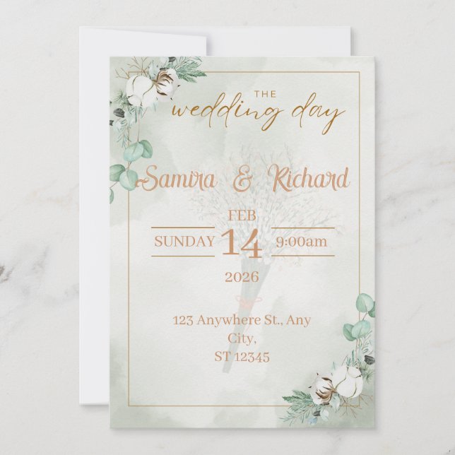 Boho Eucalyptus & Cotton Wedding Invitation (Front)