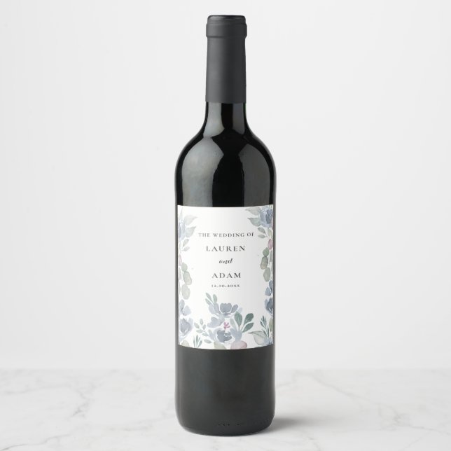 Boho Eucalyptus & Dusty Blue Florals Wedding  Wine Label (Front)