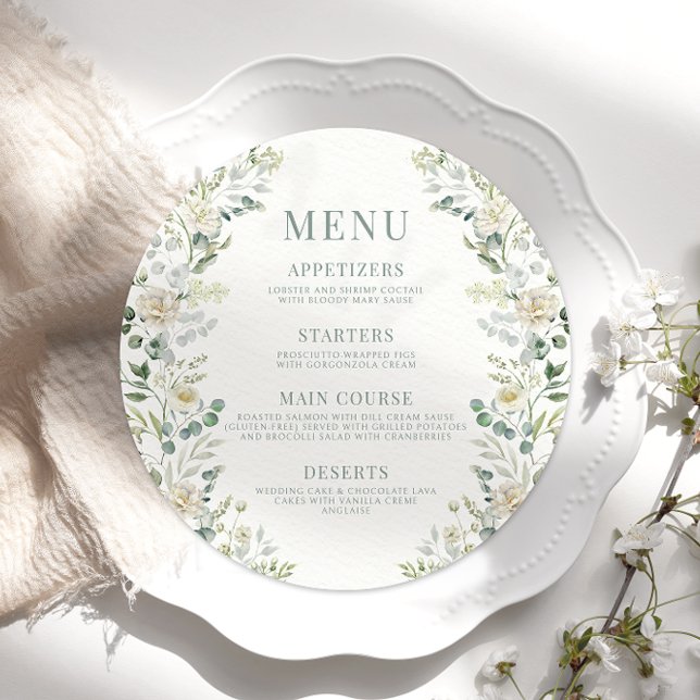 Boho Eucalyptus Floral Wedding Round Flat Menu (Creator Uploaded)