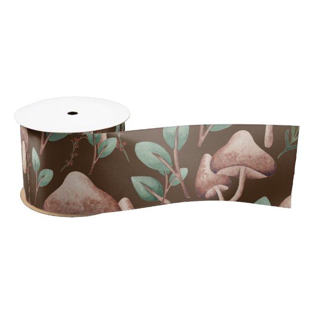 Boho Eucalyptus Forest Mushrooms Dark Brown Satin Ribbon (Spool)