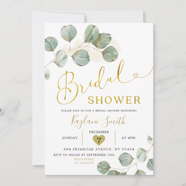 Boho Eucalyptus Gold Greenery Bridal Shower Invitation (Front)