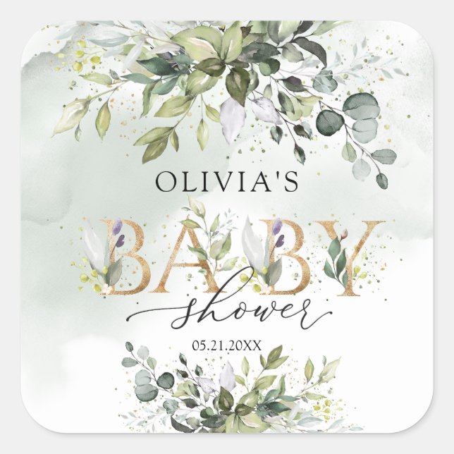 Boho eucalyptus gold letters Baby Shower sticker (Front)
