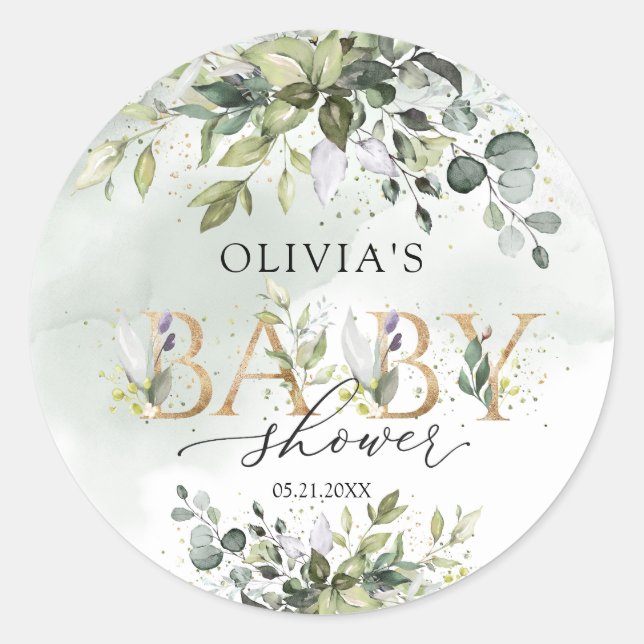 Boho eucalyptus gold letters Baby Shower sticker (Front)