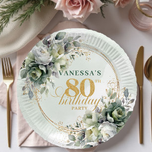 Boho Eucalyptus Green Gold 80th Birthday Event   Paper Plate