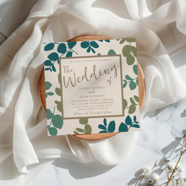 Boho Eucalyptus Green & Gold Wedding Invitation (Creator Uploaded)