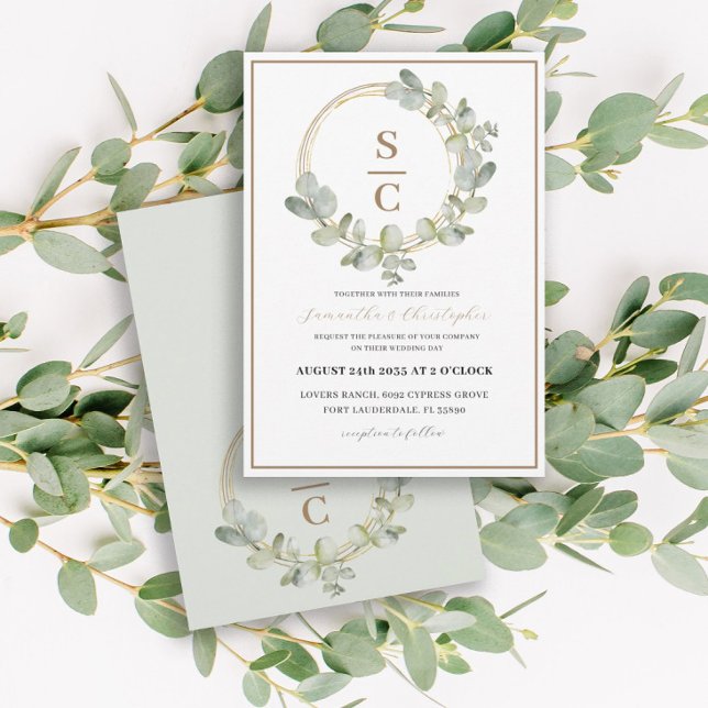 Boho Eucalyptus Green & Gold  Wreath Wedding  Invitation (Creator Uploaded)