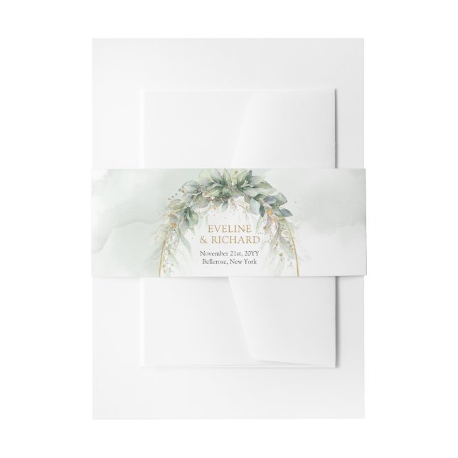Boho Eucalyptus greenery branches faux gold frame Invitation Belly Band (Front Example)