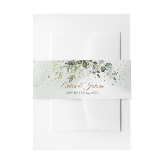 Boho Eucalyptus greenery branches faux gold frame Invitation Belly Band (Front Example)