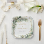 Boho Eucalyptus greenery branches gold wedding Paper Plate<br><div class="desc">The Boho Greenery Foliage Gold Geometric Frame wedding stationery collection is a sophisticated and elegant option for couples looking to add a touch of nature-inspired charm to their special day. The combination of lush greenery, delicate foliage, and shimmering gold accents creates a modern yet timeless aesthetic that is perfect for...</div>