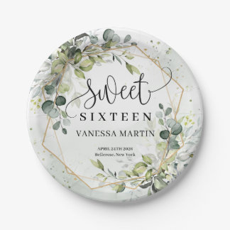 Boho Eucalyptus greenery branches sweet sixteen Paper Plate