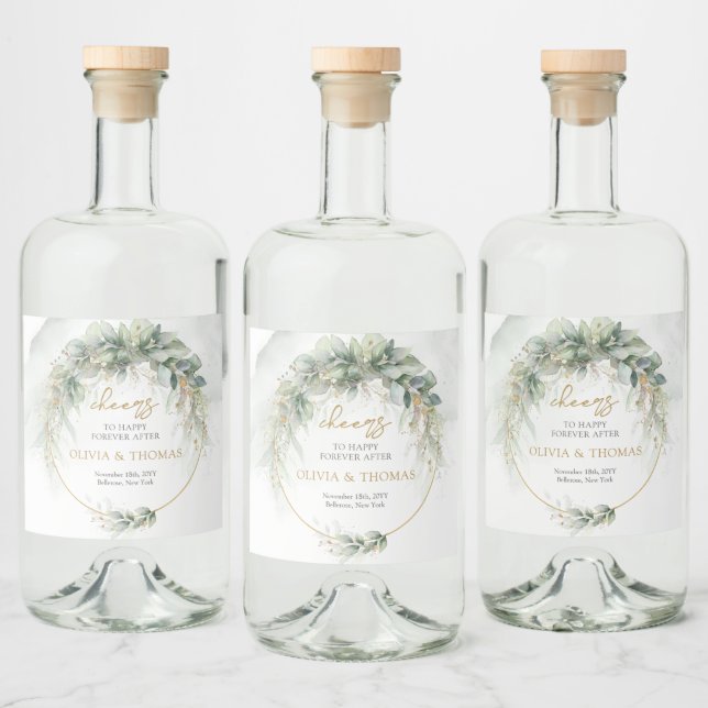 Boho eucalyptus greenery foliage gold oval arch  liquor bottle label (Bottles)