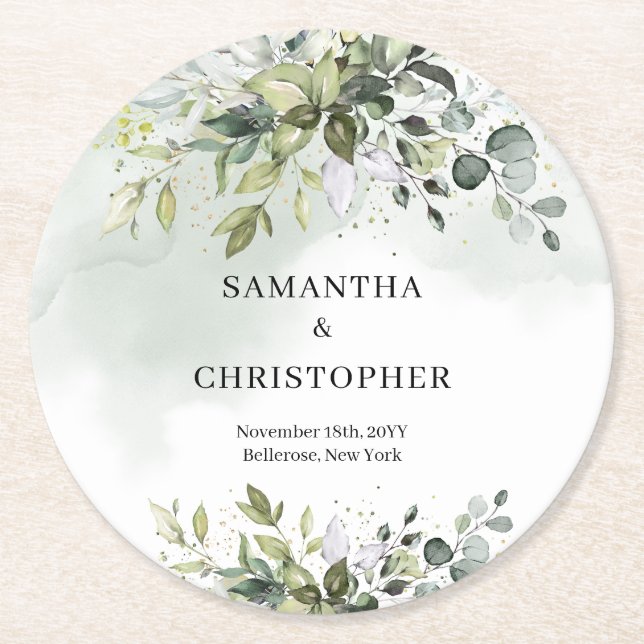 Boho eucalyptus greenery foliage wreath gold round paper coaster (Front)