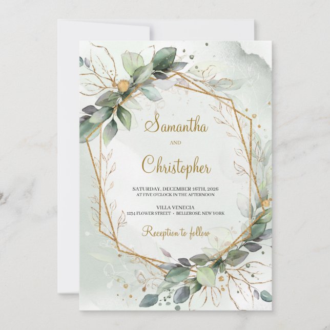 Boho eucalyptus greenery leaves faux gold frame  invitation (Front)