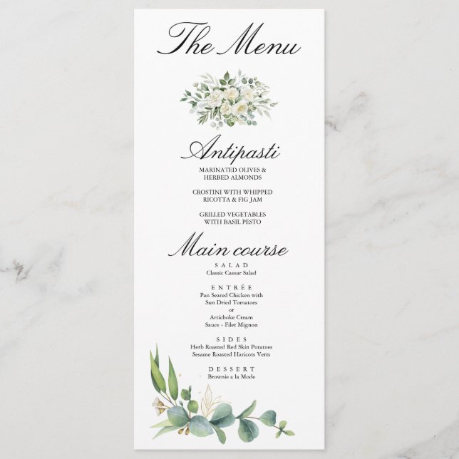 Boho Eucalyptus Greenery Summer Wedding Menu (Front)