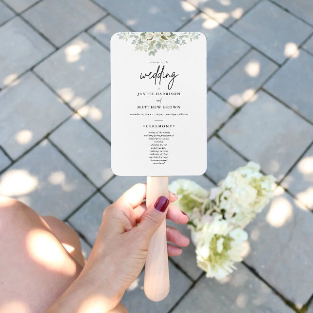 Boho Eucalyptus Greenery Wedding Ceremony Program  Hand Fan (Boho eucalyptus greenery program fan keeps guests cool while adding fresh natural elegance)