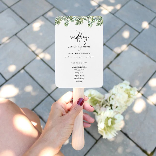 Boho Eucalyptus Greenery Wedding Ceremony Program  Hand Fan (Boho eucalyptus greenery program fan keeps guests cool with a fresh natural wedding touch)