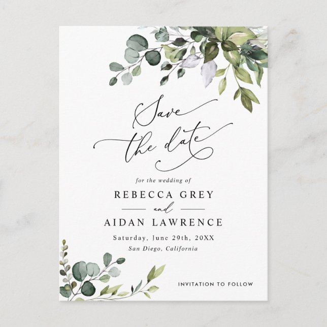 Boho Eucalyptus Greenery Wedding Save the Date Postcard (Front)