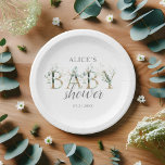 Boho Eucalyptus Leaves Baby Shower Paper Plate<br><div class="desc">Elevate your baby shower with our custom paper plates, thoughtfully designed for the special day! Positioned prominently, the mum-to-be's name is elegantly written in serif. Below, "Baby" stands out in a bold serif, beautifully adorned with delicate eucalyptus leaves. The word "Shower" flows beneath in a contemporary script font, adding a...</div>