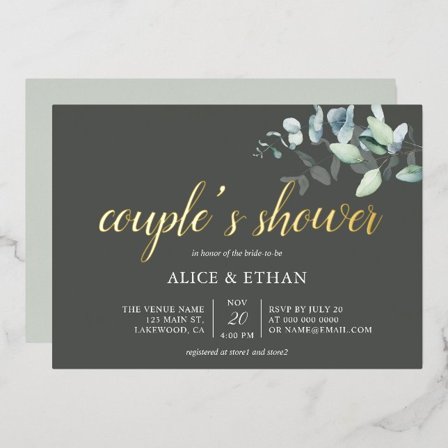Boho Eucalyptus Leaves Couples Shower Foil Invitat (Front/Back)