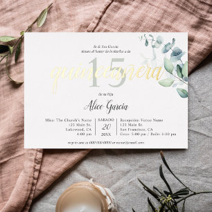 Boho Eucalyptus Leaves Quinceanera Foil Invitation