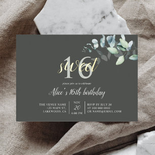 Boho Eucalyptus Leaves Sweet 16 Foil Invitation