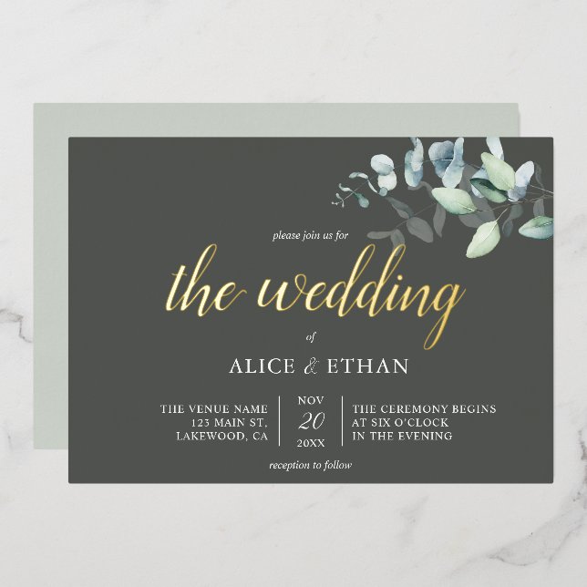 Boho Eucalyptus Leaves Wedding Foil Invitation (Front/Back)