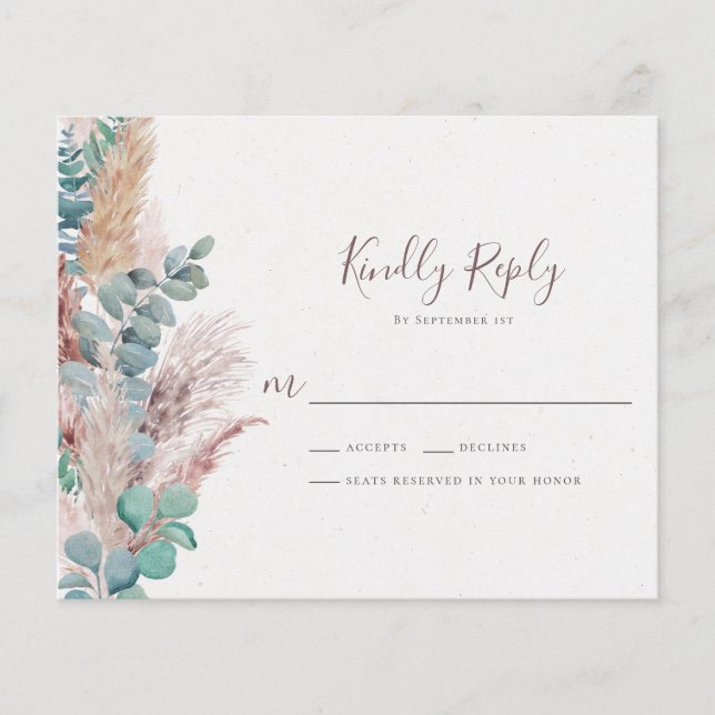 Boho Eucalyptus Natural Pampas Grass Wedding RSVP (Front)