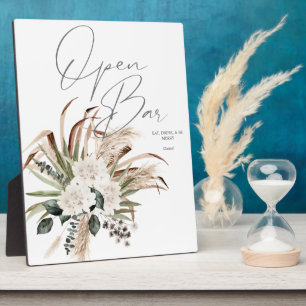 Boho Eucalyptus Pampas & Floral Open Bar Sign 2 Plaque