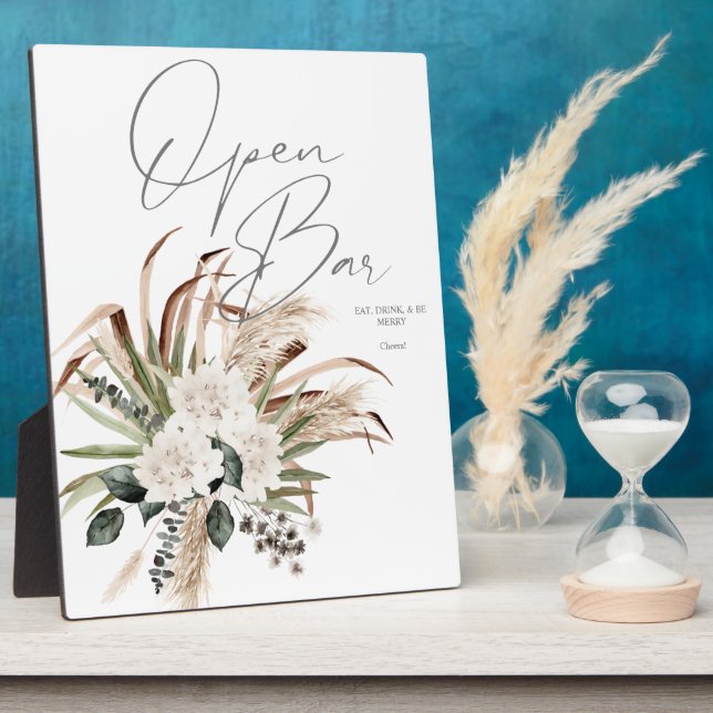 Boho Eucalyptus Pampas & Floral Open Bar Sign 2 Plaque (Side)