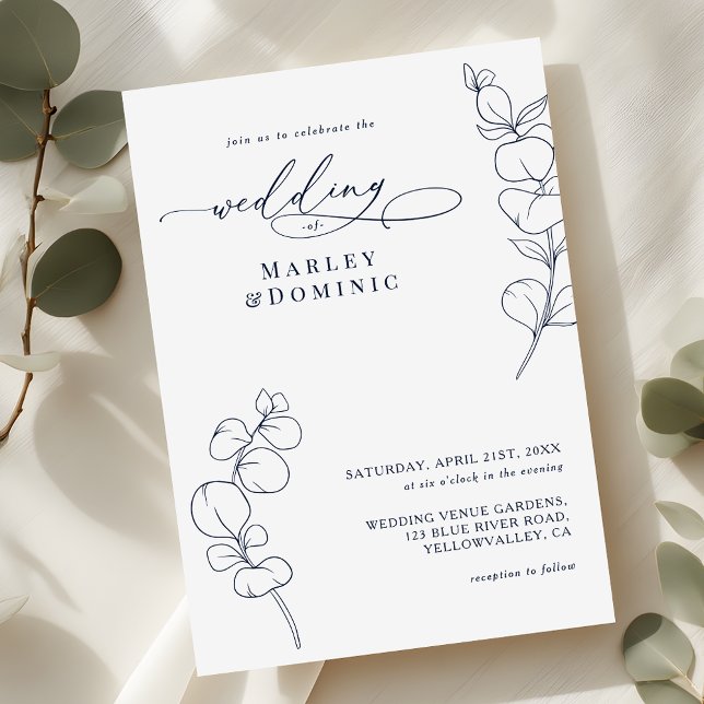 Boho Eucalyptus Springs Navy Blue & White Wedding Invitation (Creator Uploaded)