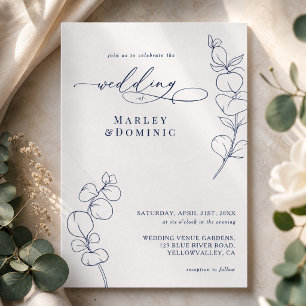 Boho Eucalyptus Springs Navy Blue & White Wedding Invitation