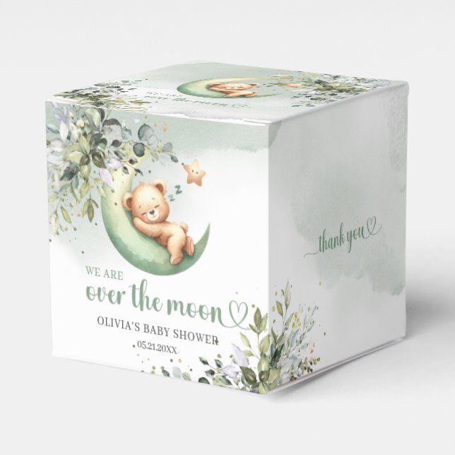 Boho eucalyptus teddy bear over the moon greenery favour box (Front Side)