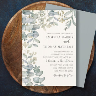 Boho Eucalyputus Sage Dusty Blue Botanical Wedding Invitation