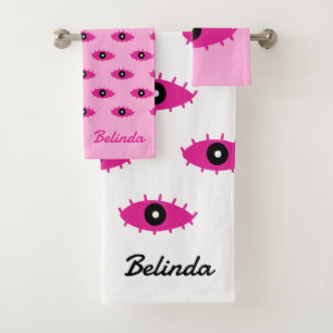 BOHO Evil Eye Pattern With Name Fuchsia Pink y2k Bath Towel Set