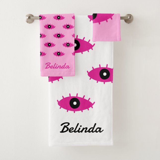BOHO Evil Eye Pattern With Name Fuchsia Pink y2k Bath Towel Set (Insitu)