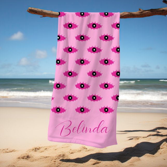 BOHO Evil Eyes Handwritten Name Pink Beach Towel (Creator Uploaded)