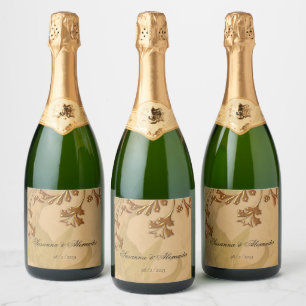 Boho Faded Peonies and Gold Wedding Sparkling Wine Label
