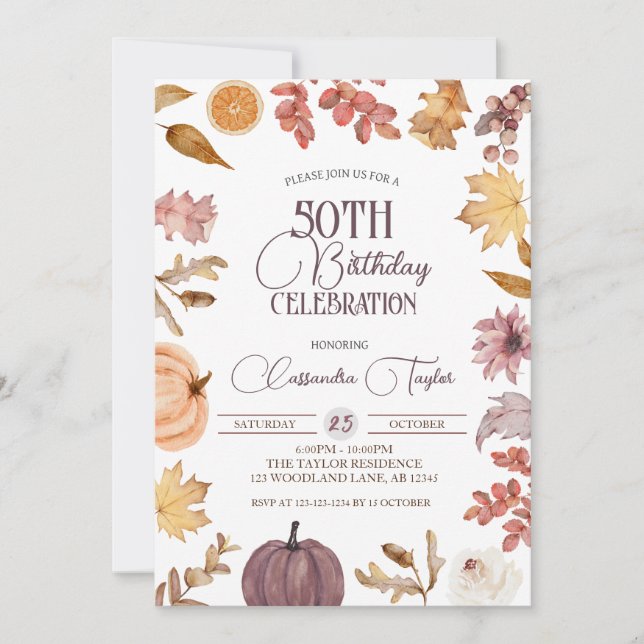 Boho Fall 50th Birthday, Autumn Foliage Birthday Invitation (Front)