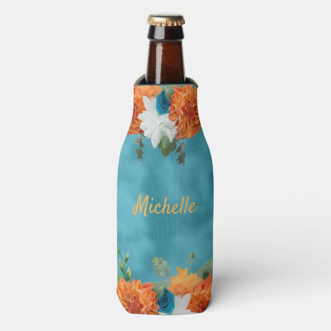 Boho Fall Autumn Floral Orange Turquoise Bottle Cooler (Bottle Front)