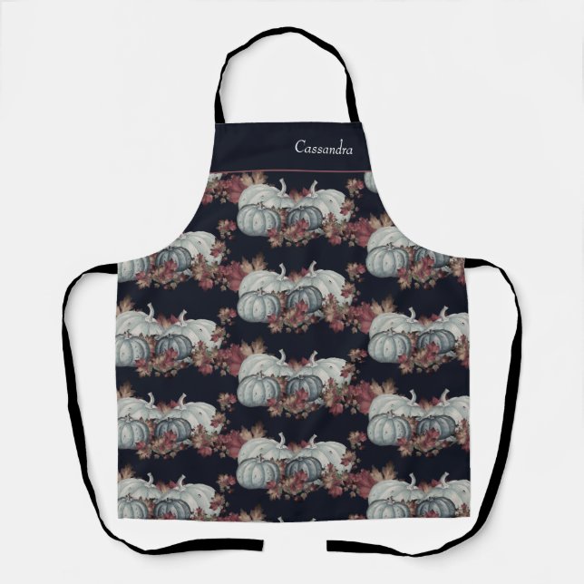 Boho Fall Blue Navy Watercolor Pumpkin Autumn Apron (Front)