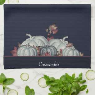 Boho Fall Blue White Watercolor Pumpkin Autumn Tea Towel