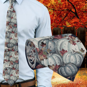 Boho Fall Blue White Watercolor Pumpkin Autumn Tie